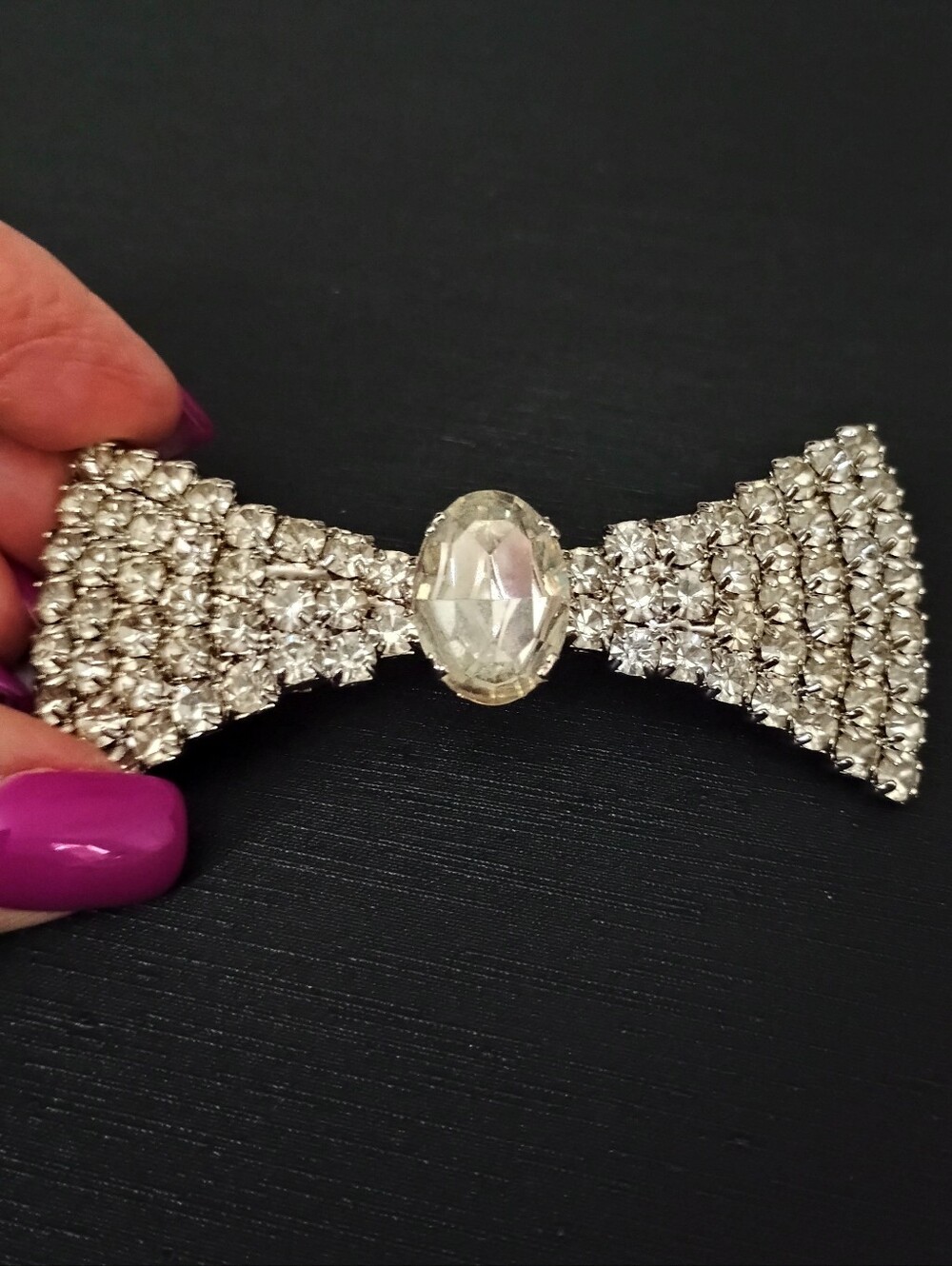 Vintage Crystal Bow Tie Brooch - Silver Tone
